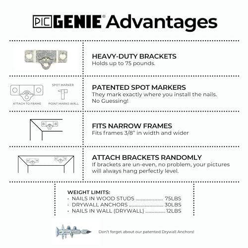 70-Piece Patented Zinc Picture Hanging Kit, Eco Pak, Hangs 8 Wooden Frames Up to 75 lbs, No Measuring Needed, Wall Picture Hangers with Tackle Box, Drywall Anchors, and Hardware - size: 8 Frames Up to 75 lbs