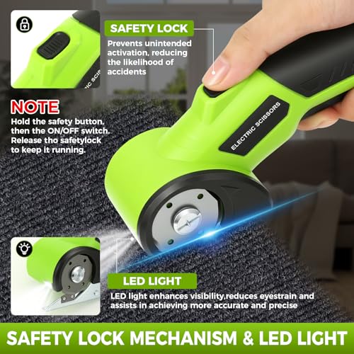 Electric Cardboard Cutter, 4V Cordless Electric Scissors with 2000mAh Battery & LED Light, Rotary Box Cutter Tool with Safety Lock & Replacement Blade for Cardboard & Fabric