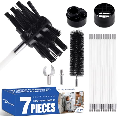 Bluesea 7 Pieces 12 Feet Dryer Vent Cleaner Kit, Reinforced Nylon Dryer Vent Cleaning Kit, Durable Dryer Vent Brush Vacuum Attachment with Flexible Lint Trap Brush, Vacuum & Dryer Adapters - color: Upgrade, size: 12 FT
