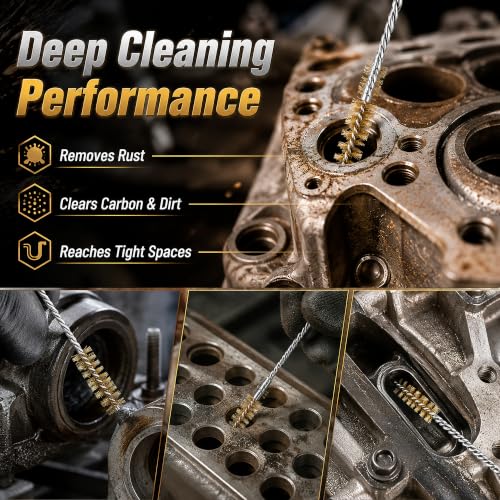 14PCS Tube Cleaning Brush Set, 7 Brass & 7 Stainless Steel Wire Brushes, 12 Inch Long Pipe Cleaner Kit, 7 Sizes Round Bore Brush for Engine Parts, Fuel Lines, Auto Parts, Pipes, Tubes & Nozzles