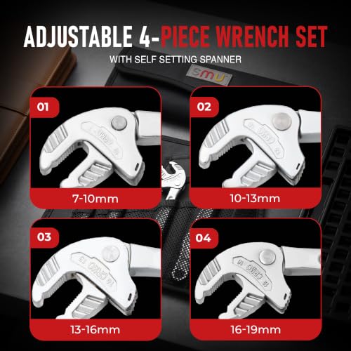 4-Piece Adjustable Wrench Set,Self-setting spanner set with Self Tightening Function and Automatic Continuous Gripping for 1/4"-3/4" (7-19mm) Pipe Fittings Nuts and Bolts