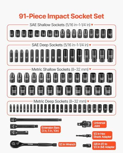 VEVOR 91-Piece 1/2" Drive Impact Socket Set, Deep & Shallow Kit - size: 1/2" 91 PCS