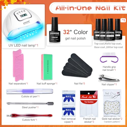JODSONE 36 Pcs Gel Nail Polish Kit with U V Light of 32 Color Gel Polish Nail Collections Base and Top Glitter Coat Manicure Tools - color: KIT-08
