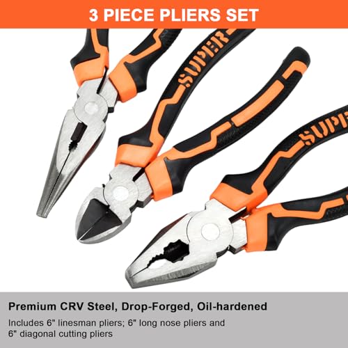 3-Piece 6 Inch Pliers Set | Needle Nose, Diagonal Cutting, Slip Joint Pliers, For Plumbing - size: 6 INCH
