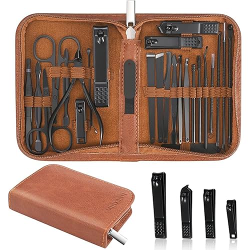 MINKINH Manicure Set Professional Nail Clipper Kit-26 Pieces, Brown | Stainless Steel Manicure Kit, Nail Care Tools with Travel Case for Men & Women, Hand & Foot Care, Gift for Family & Friends - color: Brown