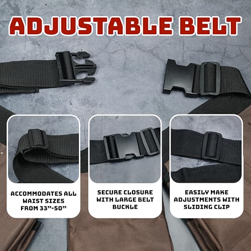 11 Pocket Brown and Black Heavy Duty Construction Tool Belt, Work Apron, Tool Pouch, with Poly Web Belt Quick Release Buckle - Adjusts from 33” Inches All the Way to 50” Inches