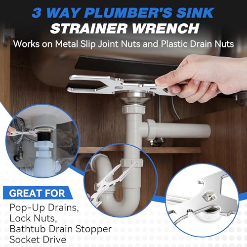 4 Sided Drain Strainer Wrench and 3 Way Plumbers Wrench Set, Heavy Duty Sink Drain Tool for Tub Removal, Basket Strainer Installation, Fits 1-3/4, 2, 2-1/2 Inch Nuts, with Silicone Putty