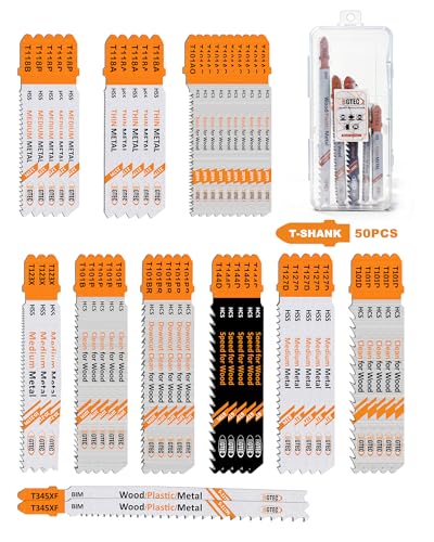 BGTEC 50PCS T Shank Jigsaw Blades Set - HCS/HSS Jig Saw Blades Assortment - size: T118A-T345XF, style: 50 PCS