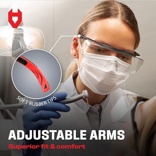 NoCry Safety Glasses Over Eyeglasses for Men and Women with Anti Scratch Lenses and Integrated Side Shields — Adjustable Temples with Anti-Slip Tips — 100% UV Protective Eyewear — ANSI Z87 Certified - color: Black & Red