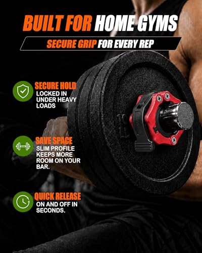 MAXRICH Ultra-Thin 1-Inch Barbell Clamps, Quick Release Weight Clips for 23–30mm Bars, Secure Barbell Collars for Home Gym - color: Red+black