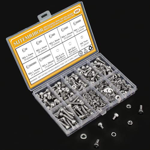 385 Pieces M4 Screws Nuts Washers Set, Sutemribor M4 x 5/6/8/10/12/16/20mm Hex Socket Head Cap Screws Nuts Washers Assortment Kit, 304 Stainless Steel, Fully Threaded - size: M4, style: Socket Head