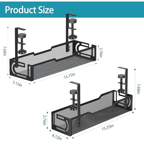 2Pack Under Desk Cable Management Tray, No Drill Mesh Desk Cable Tray - color: 2Pack-Black (15.3''+15.7'')