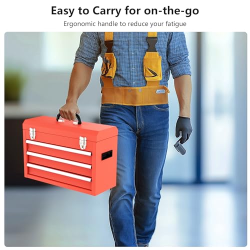 3 Drawer Metal Tool Box, Portable Metal Tool Box with EVC Liners and Latches Closure, Heavy Duty Steel Tool Chest with Ball Bearing Opening and Powder Coated Finish, Red - color: Red