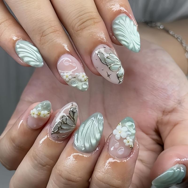 Short Almond Handmade 3D Floral Press On Nails Pink Green Mixed French – Spring Summer Daily White Flower Design, Acrylic Fake Nails for Women, Salon-Quality Reusable Stick-Ons | Party Wear - color: 50-Short Almond Green 3D Glue Silver Butterfly, size: 24