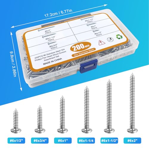 200PCS #6 Wood Screws Assortment Kit, 304 Stainless Steel Screws, Drive Sheet Metal Self Tapping Screws with Screwdriver Bit, 6 Sizes (2”,1-1/2”,1-1/4”,1”,3/4”,1/2”) - style: Silver #6 Pan Head Set 200PCS