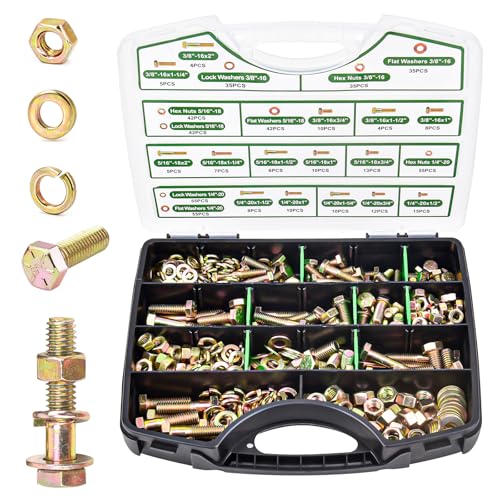 Foliv 523PCS Grade 8 Bolt Assortment Kit - Heavy Duty Bolts and Nuts Kit, 3/8-16 x 1-2" SAE Coarse Thread, Yellow Zinc Plated, High Tensile Strength for Automotive, Machinery & Construction - size: 523pcs Grade 8 bolts 1/4-20 5/16-18 3/8-16