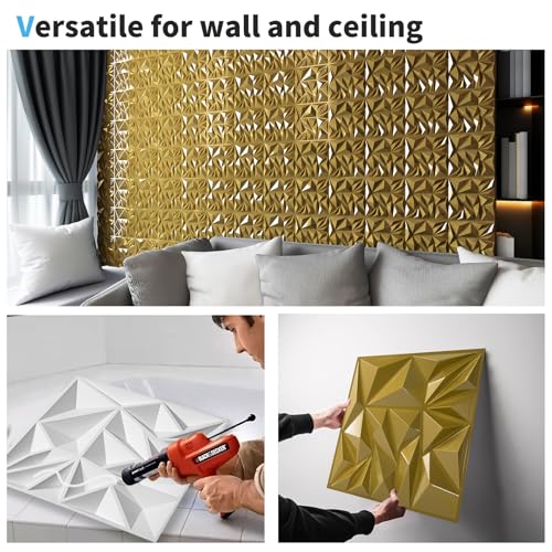 Art3d 33-Pack Modern Diamond Textured 3D Wall Panels, 12 x 12 in, Gold - color: Gold, size: 12x12 Inch 33 pcs