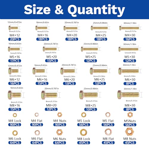 1020Pcs Grade 8.8 Metric Bolt Assortment Kit, M4 M5 M6 M8 Heavy Duty Hex Bolts & Nuts with Washers,Yellow Zinc Plated(12-30mm), Automotive/Furniture Hardware,Assorted Metric Fasteners for DIY & Repair