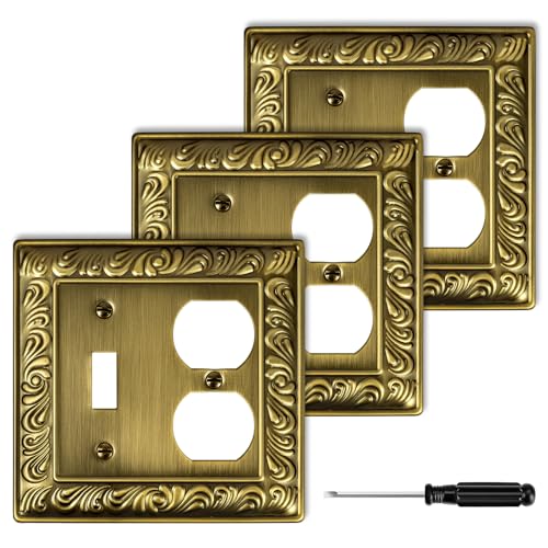 3-Pack Antique Brass Decorative Combo Toggle/Outlet 2 Gang Wall Plate - size: 2 Gang Toggle/Duplex