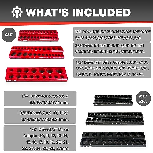EACELIY Magnetic Socket Organizer Set, 1/2", 1/4" and 3/8" SAE & Metric Deep & Shallow Socket Holder Kit, holds 141 stanard Sockets, attaches to steel box/tool cart (sockets not included) 丨6PCS - size: 6PCS 1/2&3/8&1/4inch