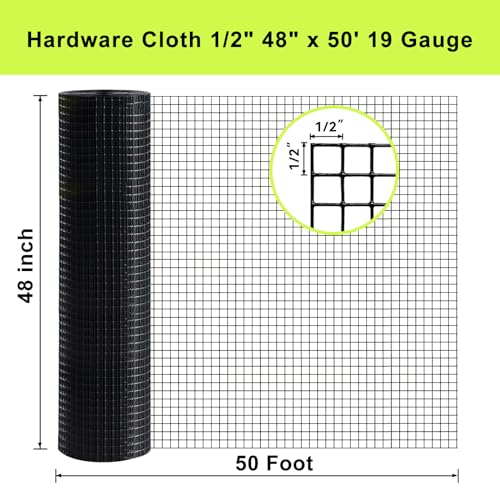 Black PVC Vinyl Coated Wire Mesh Hardware Cloth 1/2 in 48”x50’ 19Ga - size: 1/2" x 1/2" 48" x 50'