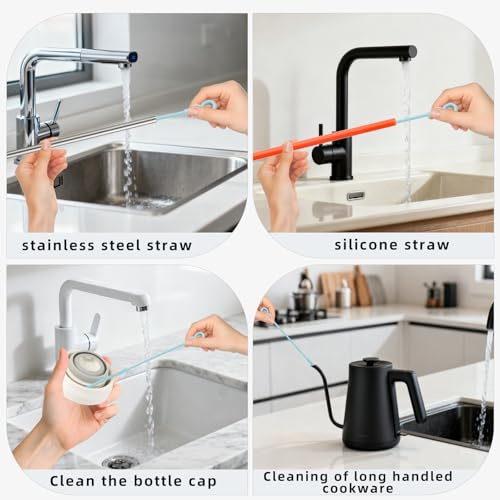 Silicone Straw Cleaner Brush, 4Pcs Reusable Straw Brush Set with Extra-Long Design for Cleaning Thin Metal Straws and Wider Milkshake Straws （6mm+9mm Blue) - color: Blue