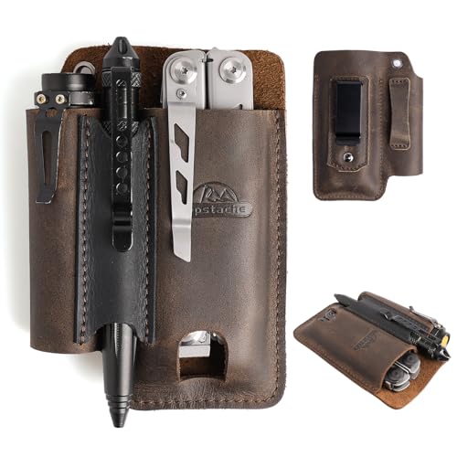 Topstache Leather Multitool Sheath with Belt Clip - Multi Tool Holster for Belt - EDC Belt Organizer Fits Multitool, Flashlight, Pen - Leather EDC Pouch, DarkBrown - color: Darkbrown-L (for Multitool)