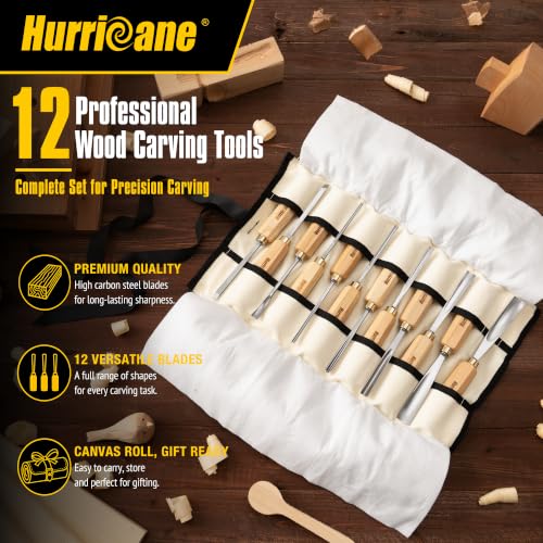 HURRICANE 12-Piece Starter Wood Carving Tools Set, Professional Wood Carving Kit with Razor Sharp 60CRV Steel Blades, Ash Wood Handles & Canvas Case for Beginners Professionals Specialties
