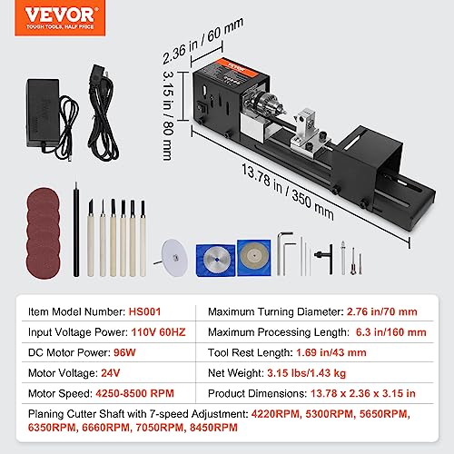 VEVOR Mini Lathe Machine, 2.76 in x 6.3 in, 24VDC 96W Mini Wood Lathe Tools Milling Machine Accessories, 7 Speeds 4220/5300/5650/6350/6660/7050/8450 RPM, for DIY Woodworking Wood Drill Rotary Tool - size: 2.76 in x 6.3 in
