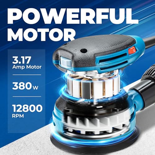 Dong Cheng 5-Inch Random Orbital Sander 3.2A 12800OPM Electric Palm Sander, 6 Variable Speeds, with 20pcs Sandpaper & Detachable Dust Bag, Power Sander for Woodworking, Sanding & Polishing - style: 380W Random Orbital Sander & Tool bag