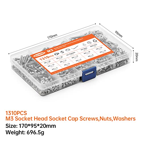 1310PCS M3 x 4/5/6/8/10/12/14/16/18/20/25/30mm Hex Socket Head Cap Screws Bolts and Nuts Flat Washers Assortment Kit, 304 Stainless Steel, Metric Machine Fully Thread, Allen Hex Drive - size: M3 Socket Head (1310PCS)