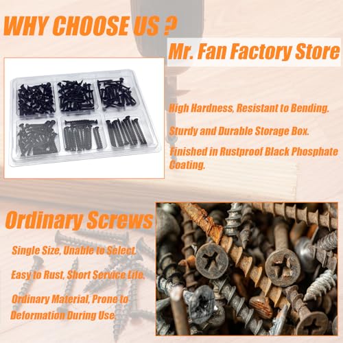 170PCS Wood Screws Assortment Kit, Drywall Screws, Black Wood Screws, Assorted Wood Screws, Flat Head Screws, Screw Assortment, Self-Tapping Screws for Wood, 6 Sizes - size: #6 #8 170PCS