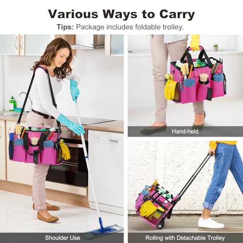Housolution Rolling Cleaning Caddy Bag with Wheels, Rose Red - color: Rose Red, size: Medium