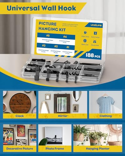 Uniclife 188 Pcs Picture Hanging Kit, 10 lb, 20 lb, 30 lb, 50 lb, 100 lb Heavy Duty Picture Hangers for Drywall & Wood, Picture Hanging Hooks, Frame Hooks for Hanging Photos Mirrors Paintings, Black - size: 188 Pcs, style: Black
