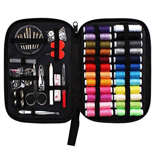 JUNING Sewing Kit with Case, 130 pcs Sewing Supplies for for Mom Grandma Women Men Home Travel and Emergency, Contains 24 Spools Threads, Sewing Needles, Scissors, Thimble, Measuring Tape and More - size: A-24 Threads