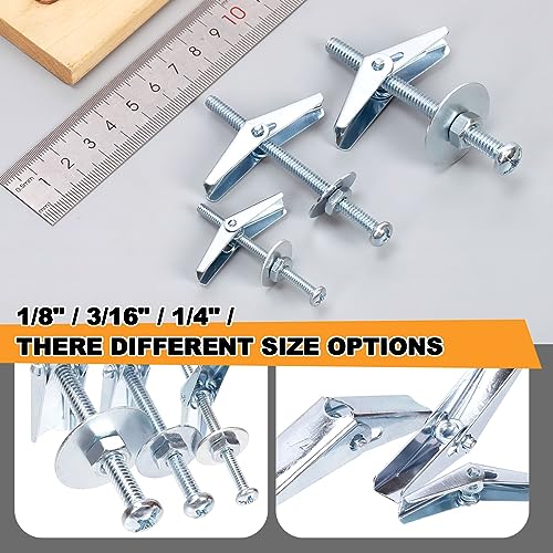 Tanstic 30 Sets 3/16 Inch Toggle Bolt and Wing Nut Assortment Kit, Butterfly Toggle Anchors with Wing Nuts, Hex Nuts, Washers, Hollow Drywall Anchors and Screws for Drywall