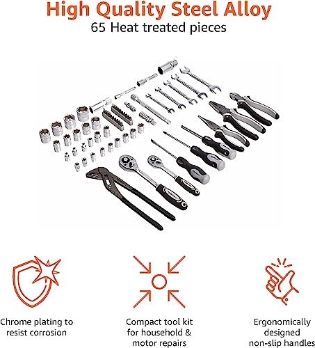 Amazon Basics 65-Piece General Household Home Repair and Mechanic's Hand Tool Kit Set with Storage Case, Portable, Non-Slip Handles, Black - size: 65 piece