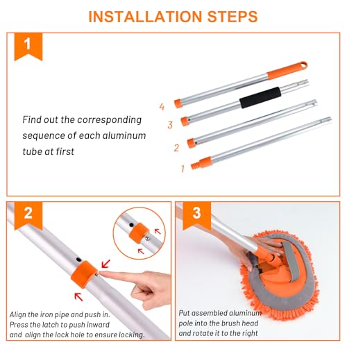 Ordenado 62" Car Wash Brush Kit Mitt Mop Sponge with Long Handle Chenille Microfiber Car Cleaning Brush Kit Supplies Car Washing Mop Kit Car Care Kit of Scratch-Free Replacement Head for Car RV Truck - color: D-orange