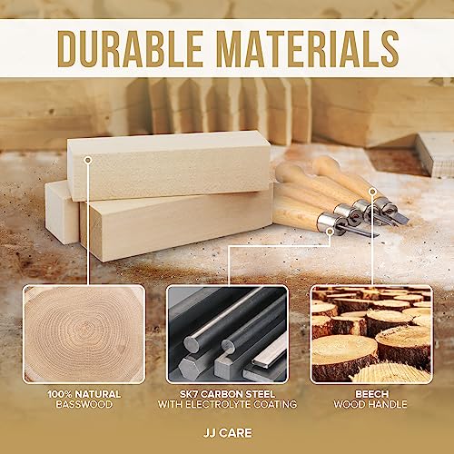 JJ CARE Wood Carving Kit [8 SK7 Carving Knives with Beechwood Handle, 10 Basswood Carving Blocks, Carrying Case, Whittling Book], Beginner Wood Carving Kit - size: Set B