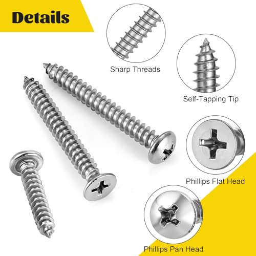 635Pcs 304 Stainless Steel Self Tapping Screws Assortment Kit, M3/M4/M5/M6 Phillips Flat Head & Pan Head Wood Screw Kit - size: 635pcs M3M4M5M6 Silver