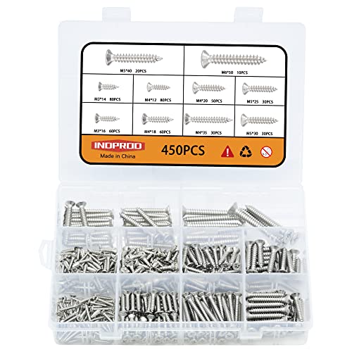 M3 M4 M5 M6 Wood Screws Assortment Kit 450Pcs,304 Stainless Steel Self-Tapping Screws Set,Phillips Drive Sheet Metal Screws,Countersunk Flat Head Assorted Screws,Self Tapping Screws for Metal - size: M3/M4/M5/M6, style: Flat Head (Stainless Steel)