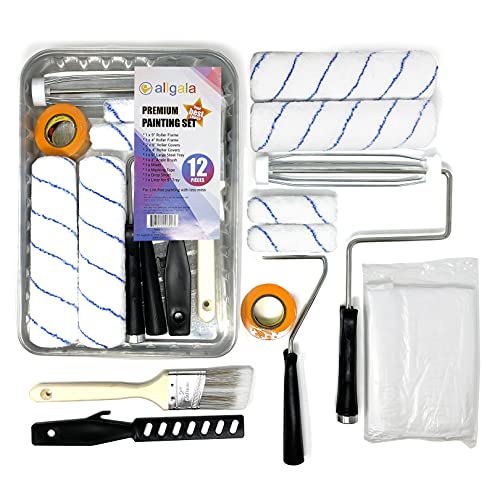 Allgala Paint Roller Kit 12-Piece Premium with Roller Frames, Covers, Steel Tray, Brush, Mixer, Masking Tape etc - TH10302 - color: 12-PC Metal