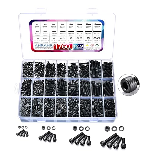1760pcs M2 M3 M4 M5 Metric Screw Assortment, Grade 12.9 Alloy Steel Hex Socket Head Cap Bolts and Nuts Kit, Black Zinc Plated and Anti Rust Screw Set with 4 pcs Hex Wrenches - color: Black-Hex Socket Head Cap 1760 Pcs