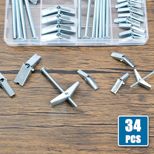 LEYU 34Pcs Butterfly Toggle Bolts Kit, Includes 1/4"-4pcs, 3/16"-8pcs, 1/8"-22pcs ，Zinc Plated Hollow Wall Anchors ，Drywall Toggle Bolts for Drywall, Plaster, Ceiling, and Hollow Wall Mounting
