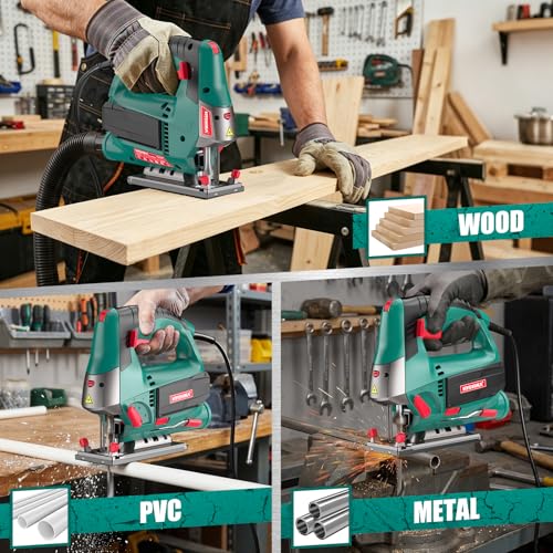 HYCHIKA 6.7A 800W Corded Jig Saw, Jigsaw Tool Power Jig Saws,6‑Speed Up to 3000 SPM, 4 Orbital Settings, Laser Guide, ±45° Bevel Cutting, Tool‑Free Blade Change, 6 Blades for Wood Metal Plastic