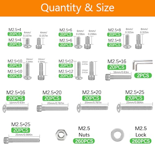 842 Pcs Metric Screws Assortment Kit, M2.5 Screw Kit, Small Assorted Nuts and Bolts Assortment Kits, Stainless Steel Hex Socket Button Head Screw & Hex Socket Head Screw Set with Washers + Wrenches - size: M2.5-842Pcs