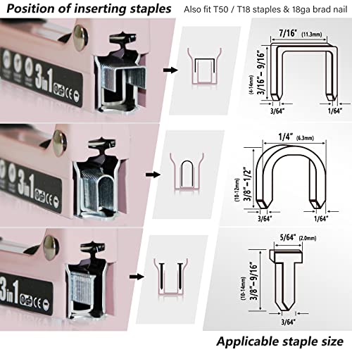 SHALL Staple Gun Heavy Duty, 3-in-1 Upholstery Staple Gun Kit with 3000 Staples, Stapler Remover, Manual Brad Nailer with Specific Staples Outlet Position Indicator - color: Pink, size: 3-in-1