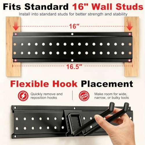 Garage Tool Organizer Wall Mount 49.5 inches with 10 Adjustable Heavy-Duty Hooks, Garage Organization, Garden Tool Storage Rack, Yard, and Shed, Holds Up to 400 lbs - size: 49.5" | 3 Panels + 10 Hooks