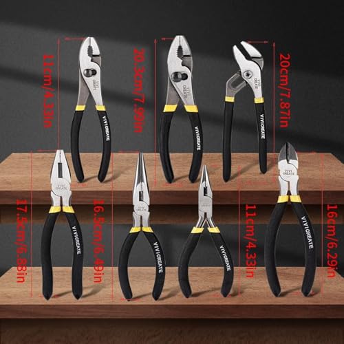 Vivicreate 7 Piece Pliers Set Heavy Duty Hand Tool Set with 8 Inch Groove Joint 8 Inch and 6 Inch Slip Joint 7 Inch Linesman 6 Inch Diagonal and Long Nose Pliers for Home Garage DIY Repair