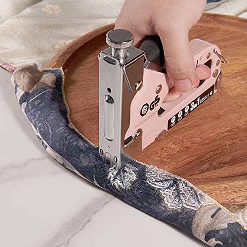 SHALL Staple Gun Heavy Duty, 3-in-1 Upholstery Staple Gun Kit with 3000 Staples, Stapler Remover, Manual Brad Nailer with Specific Staples Outlet Position Indicator - color: Pink, size: 3-in-1